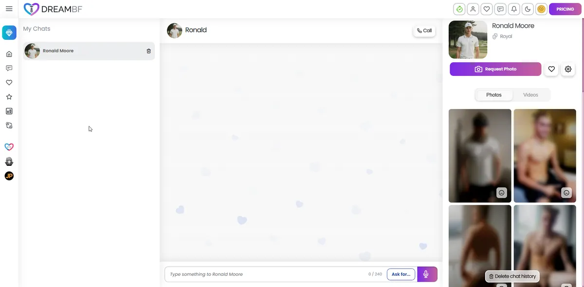 DreamBF.ai chat interface with male AI character Ronald Moore showing photo gallery and chat history sidebar, captured from an Aussie IP after starting a fresh boyfriend session