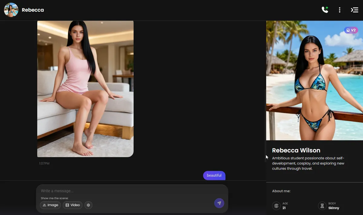 DreamBF.ai chat interface with female AI character 'Rebecca' displaying images and chat history