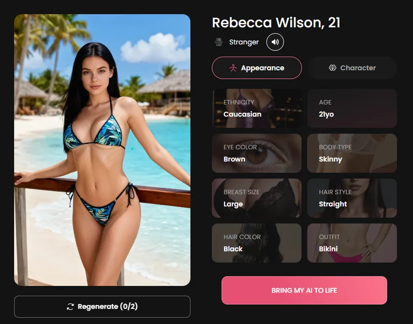 DreamBF.ai character profile showing 'Rebecca Wilson, 21', a female character in beach setting with appearance options panel