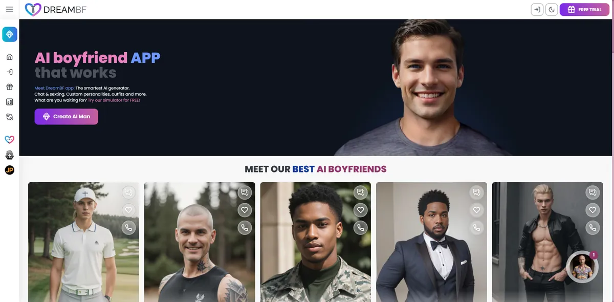 DreamBF.ai AI boyfriend platform homepage