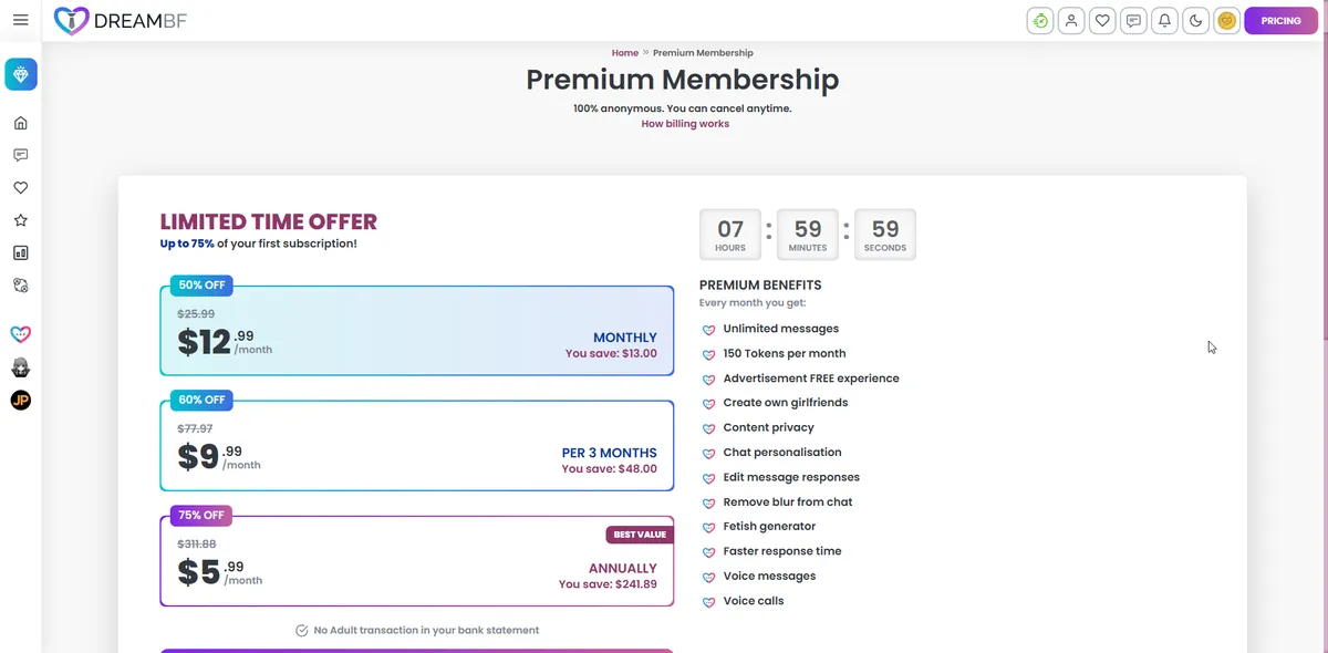 DreamBF.ai Premium Membership pricing screen showing USD prices, $5.99/month annual (75% off), $9.99/month per 3 months (60% off), $12.99/month monthly (50% off), with countdown timer and Premium Benefits including 150 tokens/month, unlimited messages, voice messages and calls