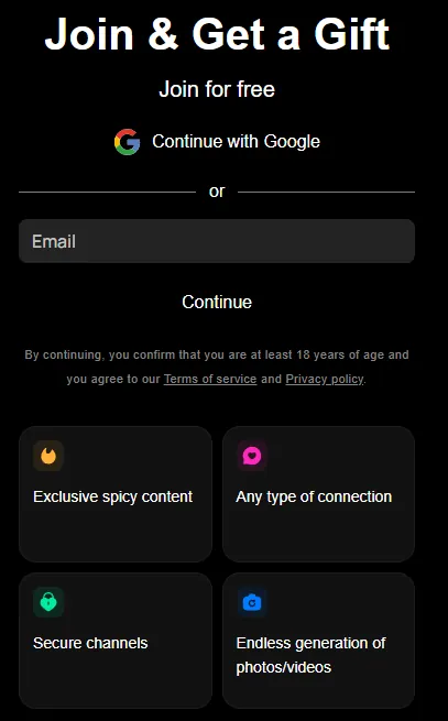 Get-Harder.today signup screen with 'Join for free' label, Google or email signup, and 18+ self-declaration confirmation in fine print