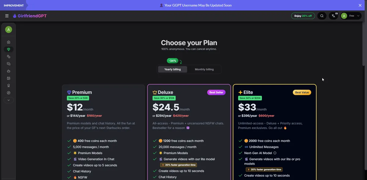 GirlfriendGPT pricing offer screen showing plan tiers and discounted intro pricing