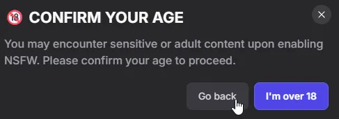 GirlfriendGPT NSFW age confirmation modal with 'I'm over 18' button confirming self-declaration