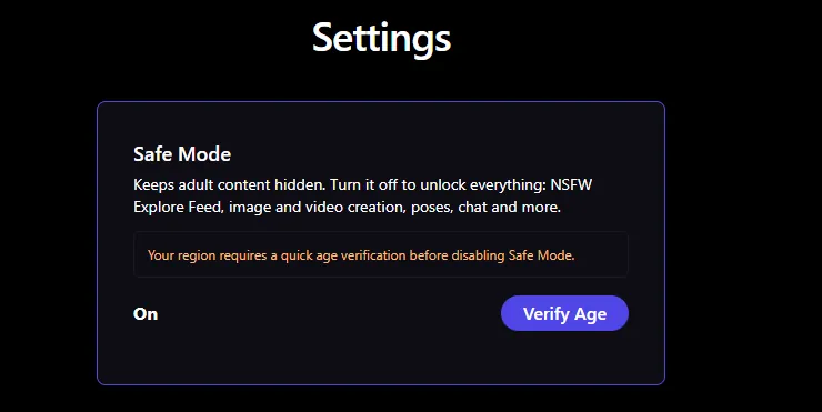Promptchan Settings panel showing Safe Mode toggle and Verify Age button with the message 'Your region requires a quick age verification before disabling Safe Mode'